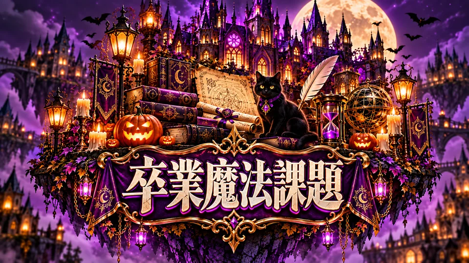 紫の城、魔法書と黒猫が描かれた卒業魔法課題