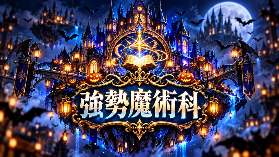 青い城と魔法書が輝く強勢魔術科